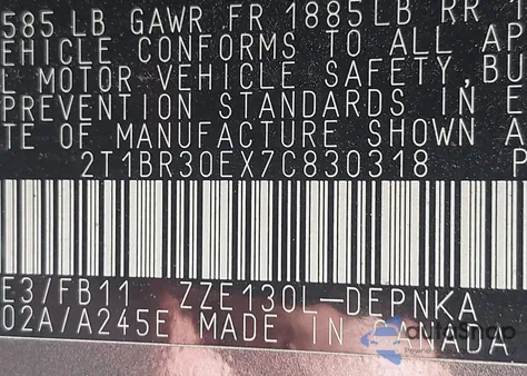 2007 Toyota Corolla Le из США, поврежденный, VIN 2T1BR30EX7C830318